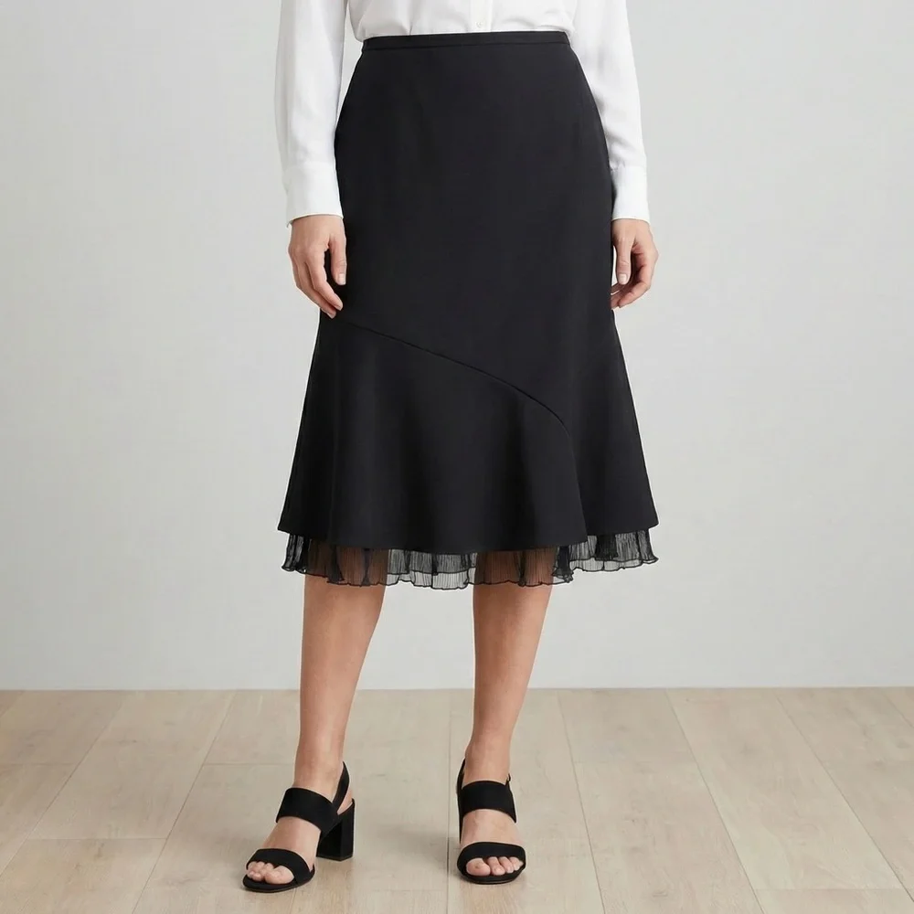 Vintage T. Garment Black Midi Skirt Asymmetrical Mesh Trim Y2K Office Goth L EUC